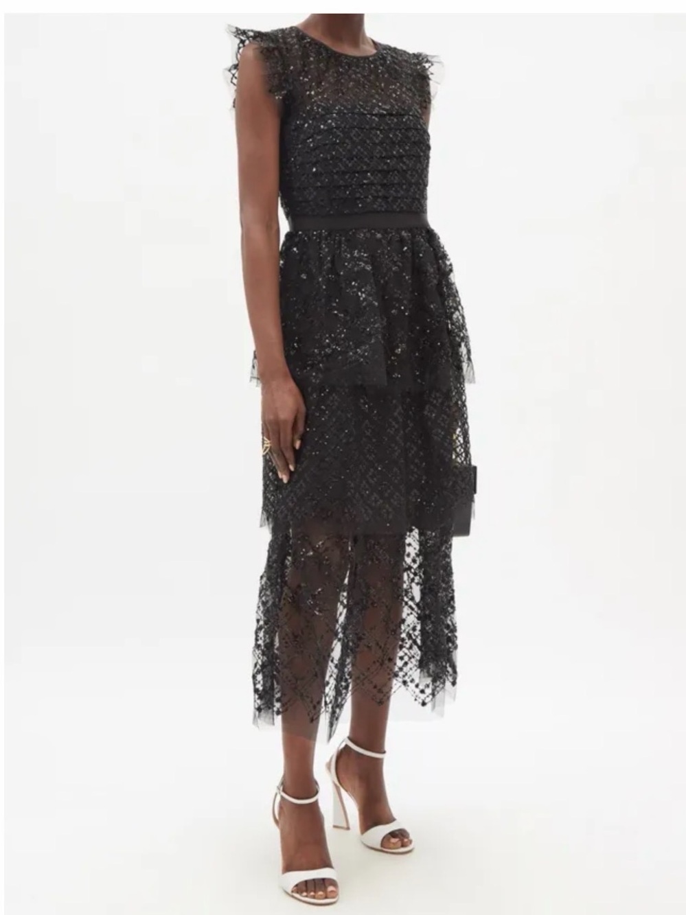 NWT 🖤 Self-Portrait Black Sequin Grid Tiered Midi Dress